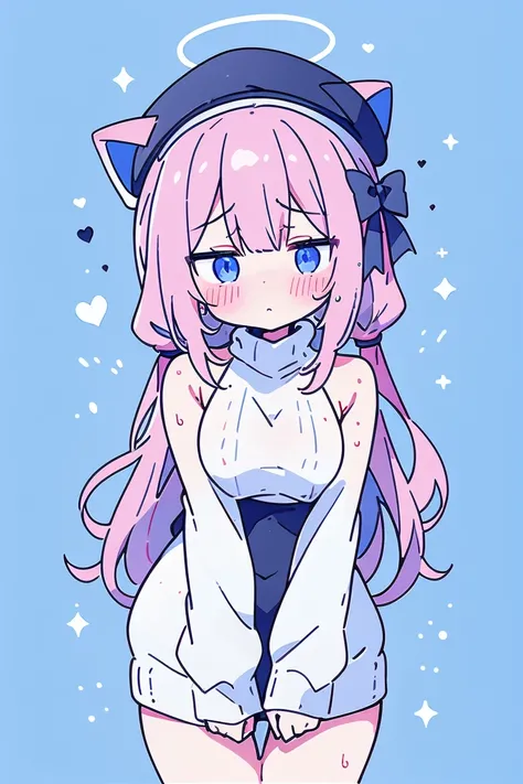 nsfw, virgin killer sweater, (sweater dress:1.2), ribbed sweater,sideboob,   clave cut  , turtleneck sweater,(white sweater:1.3),   crop top　navy,   light pink hair   ,Very beautiful and Sparkling Eyes、Sparkling Eyes、   1 girl、  Big Breasts 、cat ears、(((((...