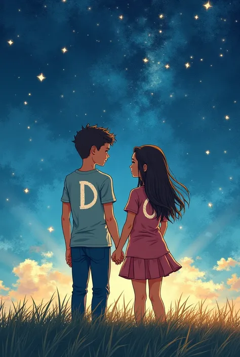 draw a portrait of a couple in love, on the boy&#39;s shirt there is the letter D, on the girl&#39;s shirt there is the letter C, The background is a sky with thousands of stars., under the ground is grass