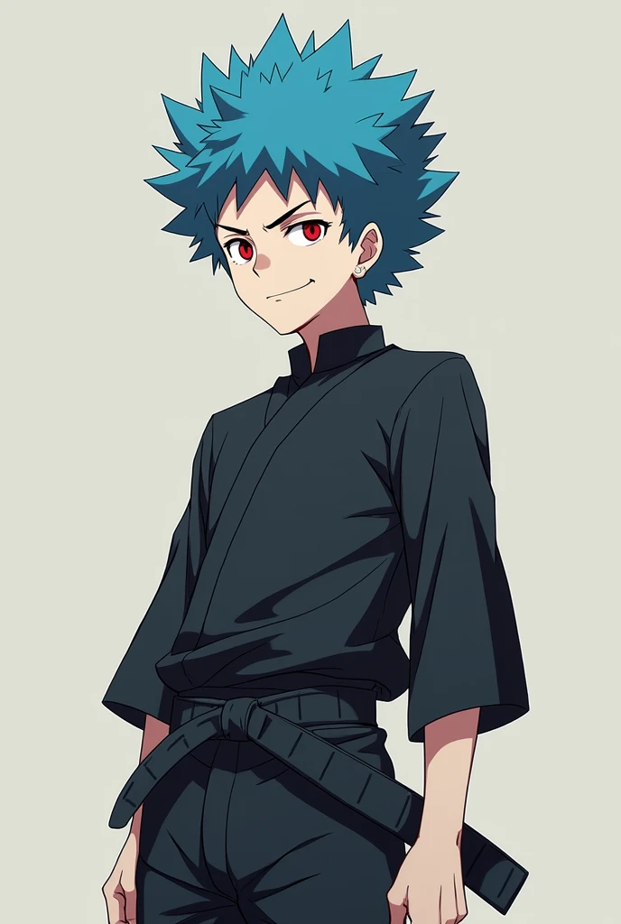 Anime character, male hunter x hunter, spiky hair, blue curly afro hair, , black shirt, black gi leggings, red eyes, pale skin, 