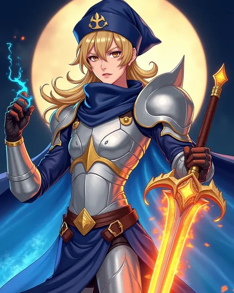 femboy. blond. long hair. amber eyes. silver and gold armour, padded cloth underneath. navy blue cape. 2 thin longswords, 1 coated in fire, the other coated in blue magic. male. anime art style. large icey blue wizard hat