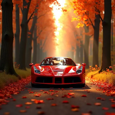 
A vibrant red Ferrari sports car is positioned in the center of a sunlit forest path. The car is angled slightly towards the viewer, with its front end and headlights prominently featured.  The cars glossy finish reflects the ambient light. The forest pat...