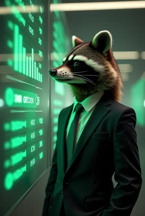 A humanoid raccoon in a suit and tie looking unbelievably at the stock values in ETH in green 