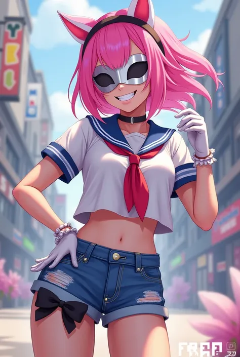  Free Fire style girl with pink Sakura hair , sailor shirt with white gloves  ,  silver mask with a white smile in short denim shorts with a black bow and white sandal 