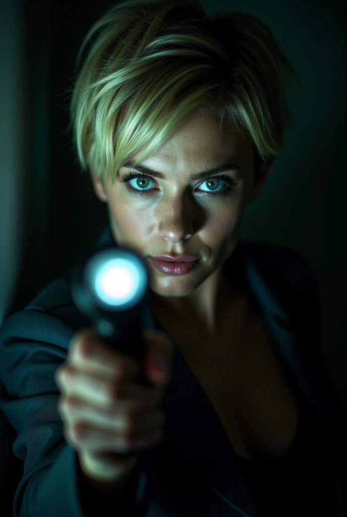 Woman with short blond hair and green eyes in a dark room holding a hand flashlight