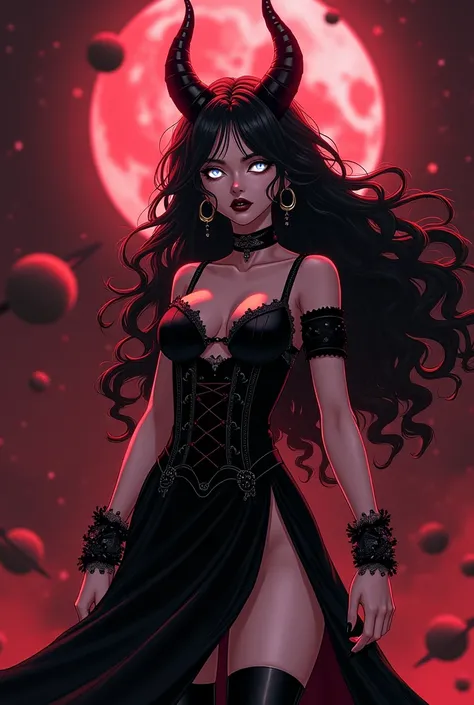 Women.  Beautiful and sensual evil goddess with long curly and messy black hair ,  black crown wears a long black dress , black corset, black boots, black bracelets,  luminous white eyes in the background a universe with red space and black stars, dark pla...