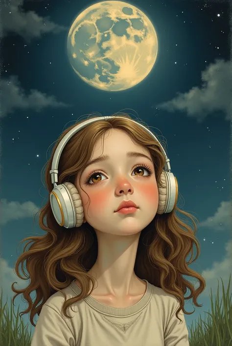 Drawing of a girl with brown eyes and curly hair looking at the moon with headphones 