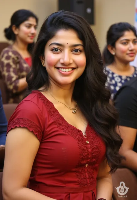 extreme close up photo of 35 years old naked kiara, hourglass figure, swooping breasts, deep cleavage, subtle smile, red vintage saree with wide open spread legs, standing ovation by crowd cheering for her in classroom, necklace, look at camera, banded pig...