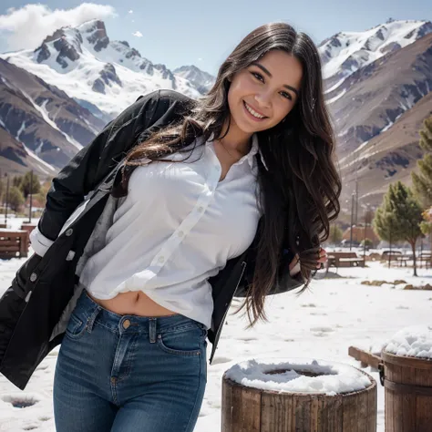 Young woman with medium long wavy hair. She is wearing a suit black an white sexy shirt, a jacket open and a jean. She is in " cajon de Maipo" in Chile and behind you can see the mountains with snow. She has big natural brEast. she is smiling. Creating a w...