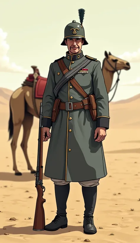   Prussian soldier cartoon.  Gray uniform with black details.  German military helmet . standing. Desert floor .  A dromedary with a saddle in the background .  Holds a rifle . standing. German Colony .
