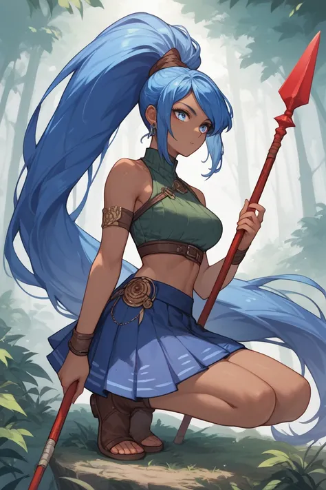 Woman, dark skin, blue hair, High pony hair, Long ponytail,blue eyes,Primitive clothing,Crouched with a spear in the middle of the forest,Look of a predator,Skirt , anime style