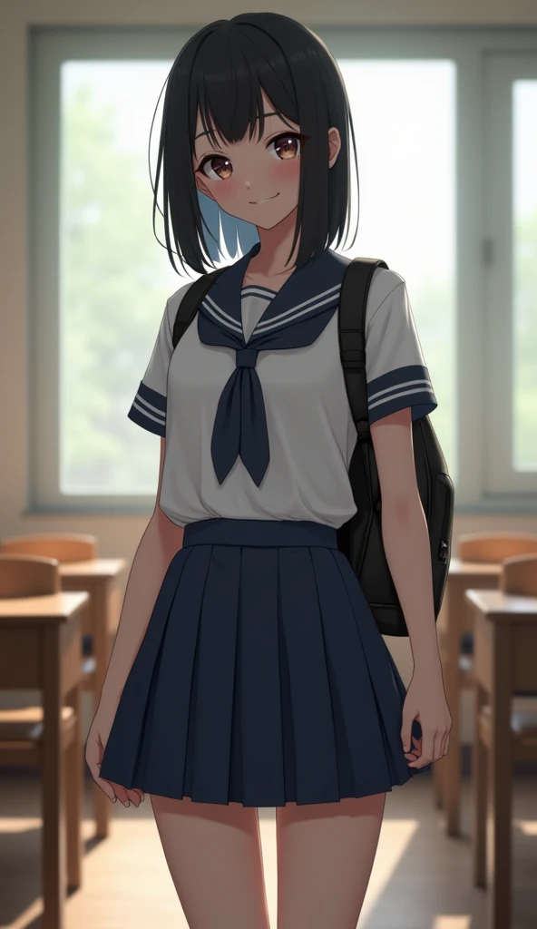 ((bandage:1.8)), (((torn skirt:1.8,  Showing everything about the girl &#39;s panties to the camera :1.8))) ((( school uniform:1.8, Dark blue pleated skirt:1.8,  tight white panties :1.8, backpack:1.8))), (((smile:1.8))), 1 girl in, Alone, **** student, 7-...