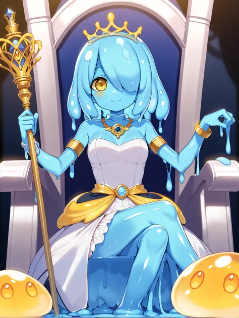 smooth edges, beautiful face, symmetrical eyes, symmetrical face, smile, (sitting cross-legged:1.2), (hold the staff:1.5), 1girl, monster girl, cute girl, (slime girl, slime hair, yellow eyes, colored slime:1.7), (colored skin, blue skin:1.5), (hair over o...