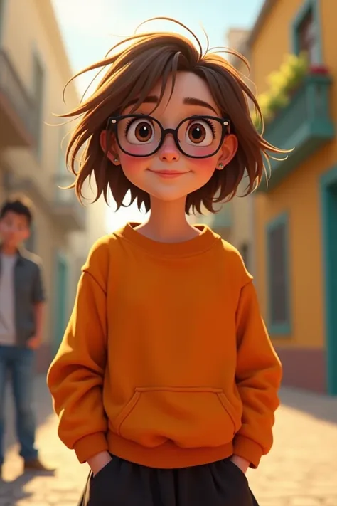 A Brazilian girl, animated short hair , very pretty, white pele,  messy light brown short hair,  wear glasses,  short preto,  orange pocket sweatshirt  