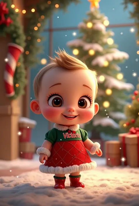 Animated baby at Christmas wearing a dress with the name Victoria