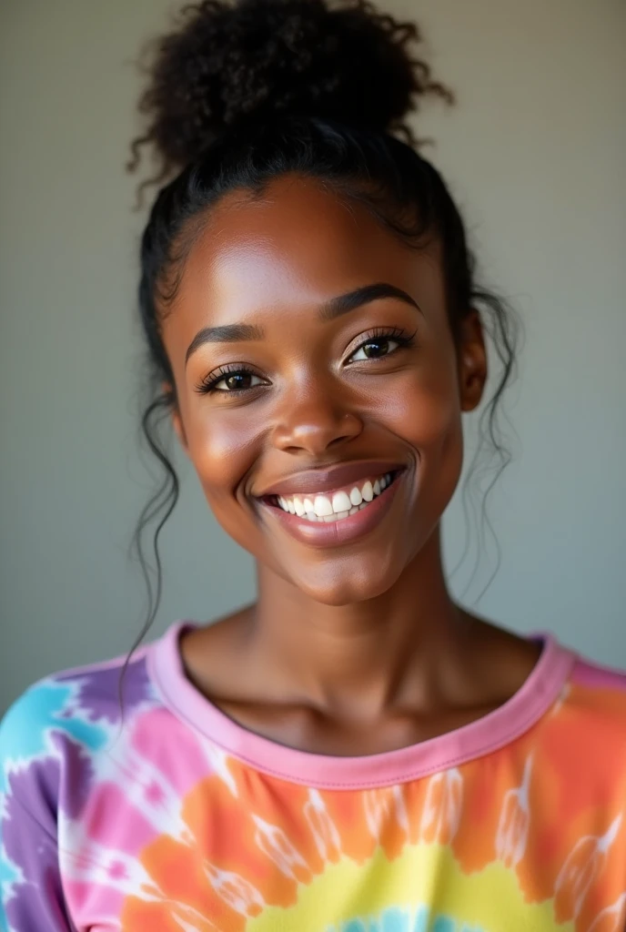 A brown skin female looking straight ahead in the camera with a tye die colourful shirt on with her hair in a bun, in a s youttube channel video