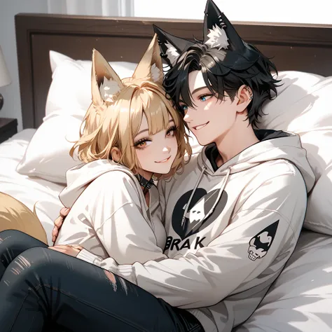 2characters, ((First female, ((Long Black hair)), Fox ears, brown eyes, Goth outfit)) BREAK ((Second Male Short blonde hair, Fox ears, blue eyes, soft smile)), White hoodie, Black jeans, Cuddling in bed facing each other