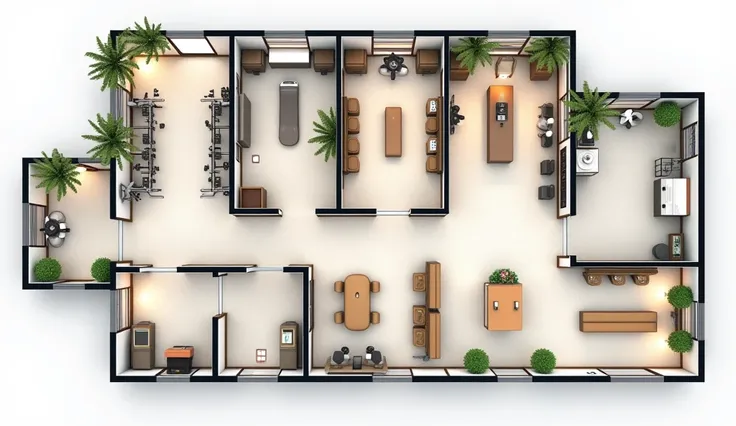 A plan of a room of 200 meters , gym , place to do massages ,  a place to sell products, waiting room,  reception and a bathroom with several cabins 