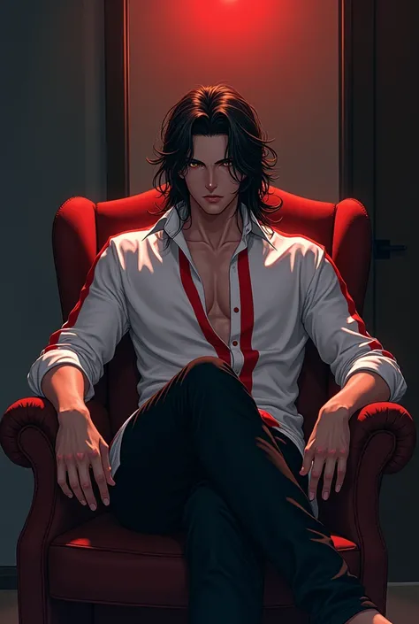 A man sitting in a chair with a sensual expression and with long hair wearing black pants and a long white shirt with red stripes like Manhua BL a little muscular not much 