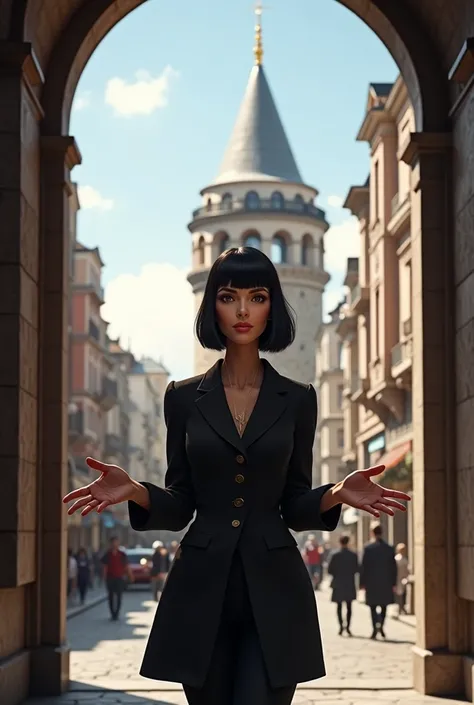 Blunt black haired woman standing in front of Galata tower let people in the background be realistic