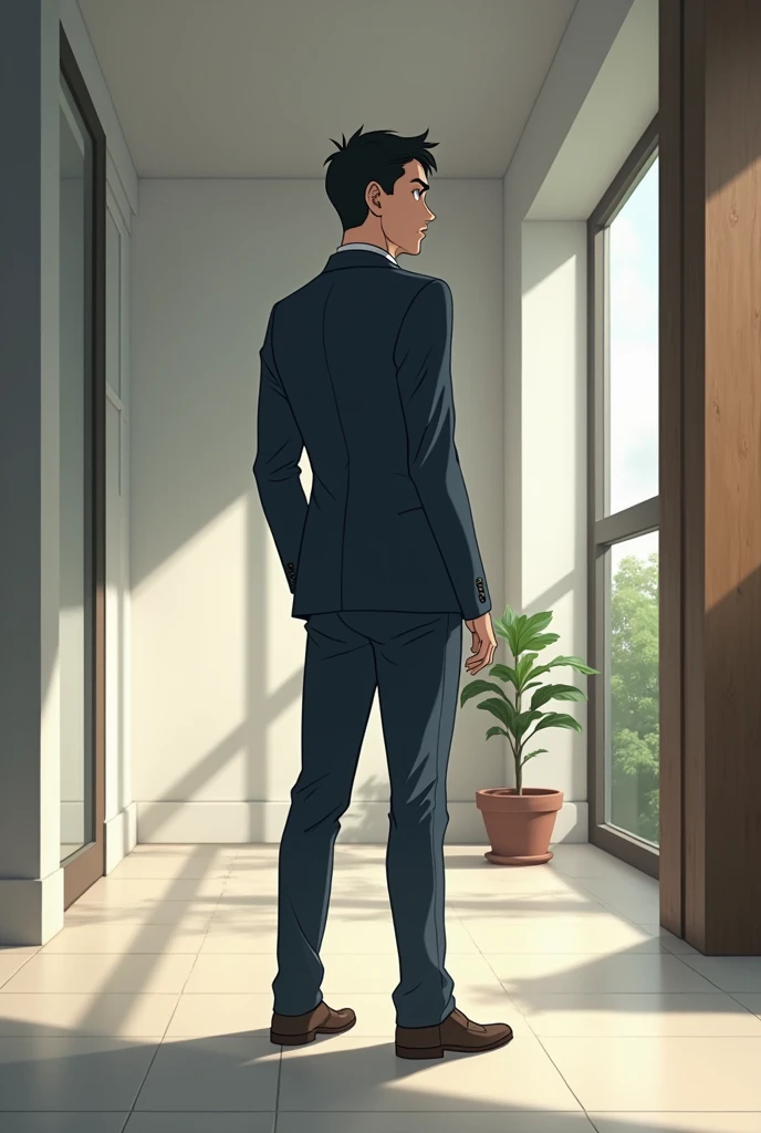 A man  starting his day with intention.  Anime pic look realistic