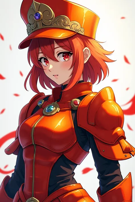 Create an image of an anime girl with these features dark orange hair and red and orange armor on her head, she must wear a red and orange gentlemans helmet. 