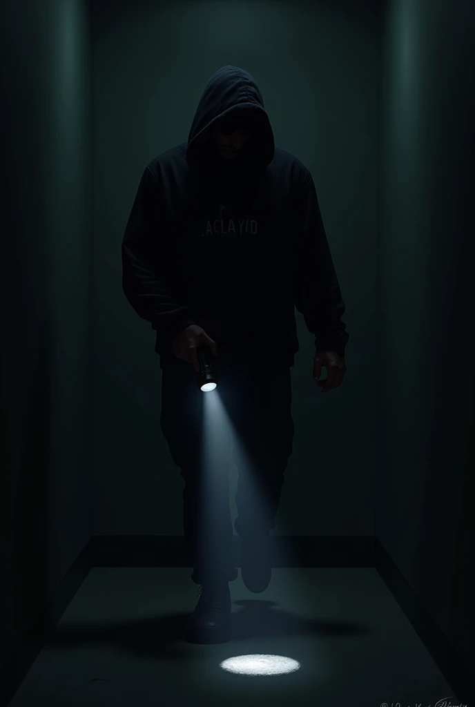 Man in black hoodie and black pants in a dark room hiding in walls with a flashlight shining at him 