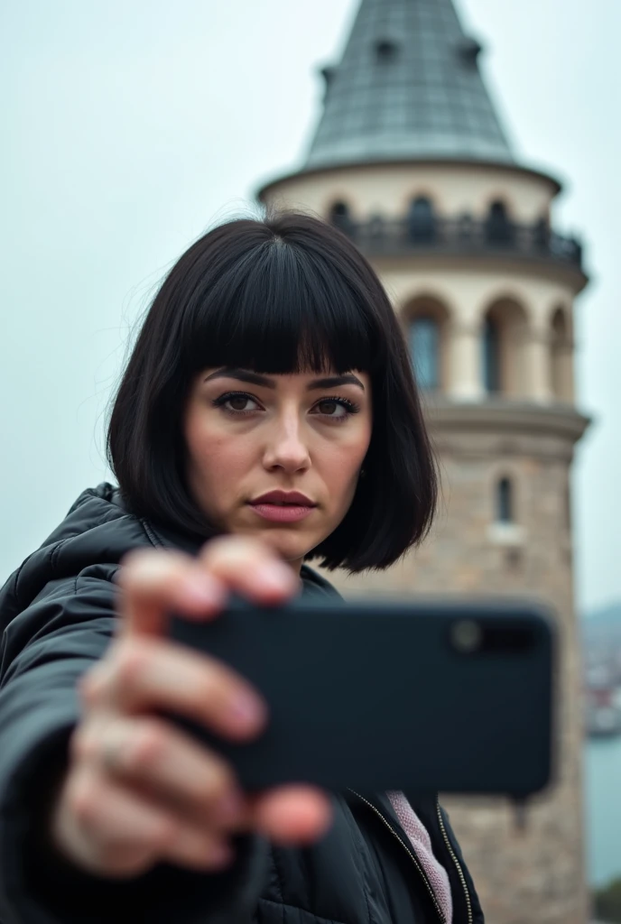 Blunt black-haired woman taking selfie in front of me at Galata tower 