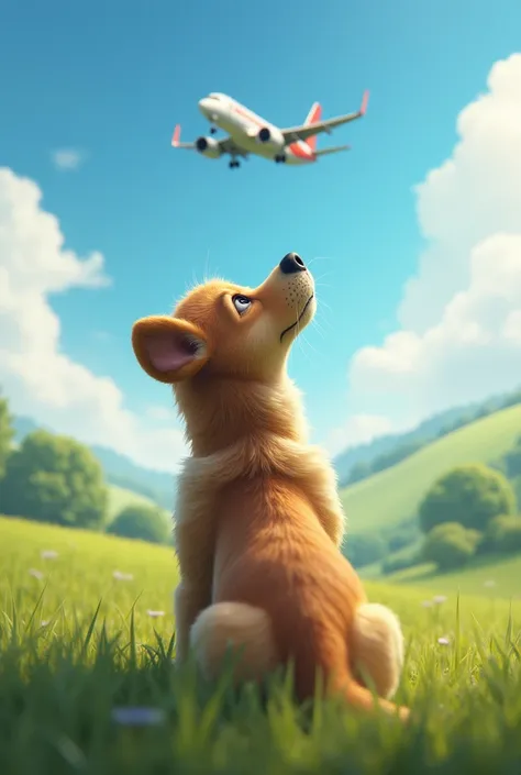 dog watching plane in the sky