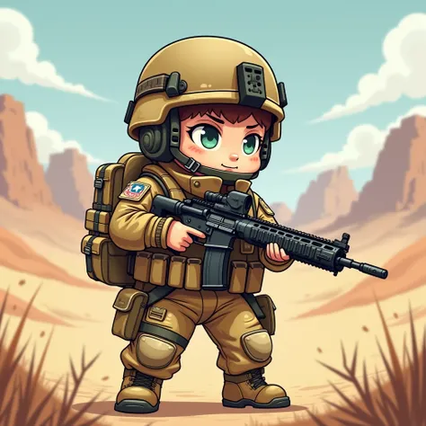 Military man with AR30 in his hand with chibi-style desert tactical equipment