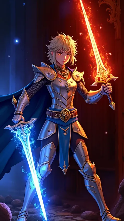 femboy. blond. long hair. amber eyes. silver and gold armour, chainmail underneath. navy blue cape. 2 thin longswords, 1 coated in fire, the other coated in blue magic. male. anime art style. navy blue wizard hat. dragon talisman necklace.