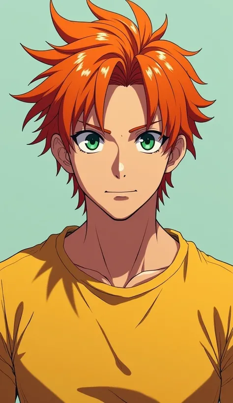 1boy,  looking at the spectator,  high resolution, dark green eyes ,  orange medium hair, braid, parted bangs, Anime style, messy hair, yellow shirt, anime style, strong body