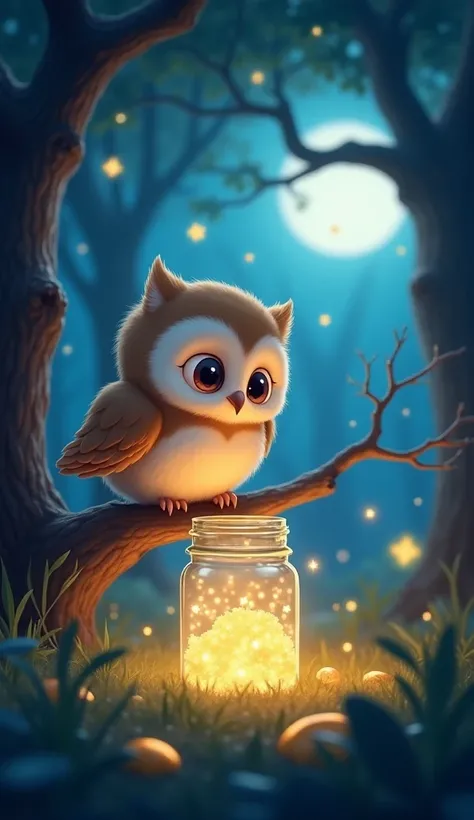 A whimsical and enchanting scene featuring a fluffy baby owl with big, curious eyes sitting on a tree branch at night. The owl is reaching into a glowing jar filled with tiny, magical golden stars, as more stars float around it. The background showcases a ...