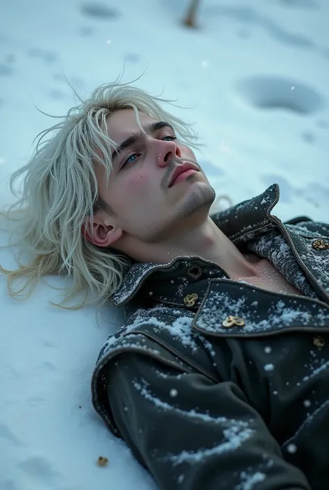 Create a beautiful ,  with long white hair and blue eyes lying on the snow floor, With torn and dirty clothes,  the snow falling on his face , Make him look tired