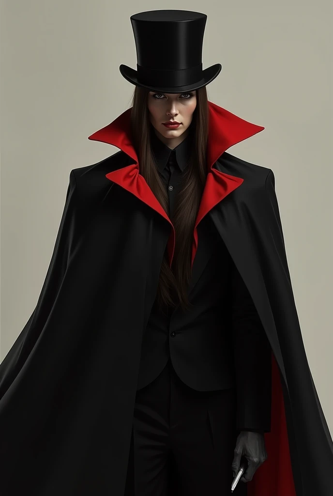 Serious man in a black suit and black top hat ,  with a black and red cape covering a white woman with straight brown hair 