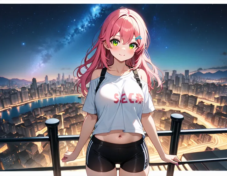 (8k、Best image quality、highest quality、masterpiece)、Detailed face、 1teen_girl、pink Hair、Long Hair、green_eyes、smile,(navel_peek)、(large_breasts),(White_short_T-shirt:1.5)、Off the shoulder、Black shoulder straps、(short_bike_shorts)、City Background, starry_sky...