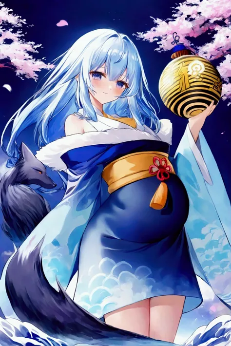 torii　Shrine maiden　Nine-Tailed Fox　fox Light blue hair 　beast girl　indigo fur　fox beast girl　fox Light blue hair 　beast girl　indigo fur　fox beast girl　Wallpaper 4k,8k,highly detailled,,vivid colors,detailed kitsune with 9 tails,traditional Japanese artwor...