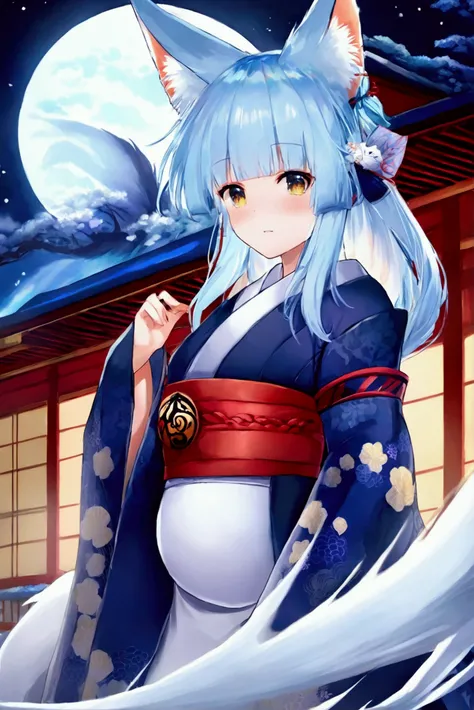 torii　Shrine maiden　Nine-Tailed Fox　fox Light blue hair 　beast girl　indigo fur　fox beast girl　fox Light blue hair 　beast girl　indigo fur　fox beast girl　Wallpaper 4k,8k,highly detailled,,vivid colors,detailed kitsune with 9 tails,traditional Japanese artwor...