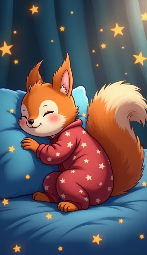 A whimsical and cozy scene featuring a cute squirrel with fluffy orange fur peacefully sleeping on a blue pillow decorated with glowing star patterns. The squirrel is dressed in a red onesie adorned with white stars, curled up comfortably with its bushy ta...