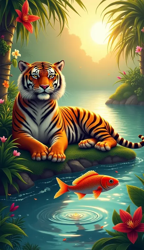 Create a whimsical digital artwork of a majestic tiger lounging on a riverbank surrounded by tropical plants, exuding a calm and regal atmosphere. The tiger has a relaxed, content expression, and the lush vegetation includes vibrant orchids, palm fronds, a...