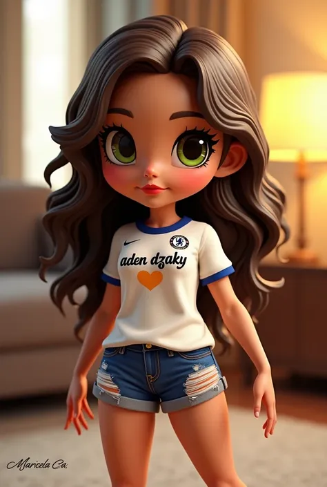 3D rendering of a chibi woman with charming appearance. She has long wavy brown hair with green highlights and brown eyes, red lips. He wore a powerful Chelsea football club jersey with "ADEN DZAKY" written in elegant black letters above a bright heart. He...