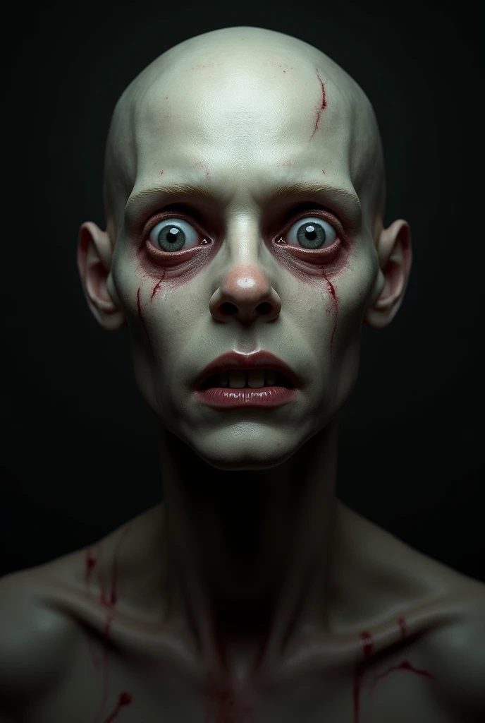 Horror, fear, creepy, realist, body and face, big eyes, slim