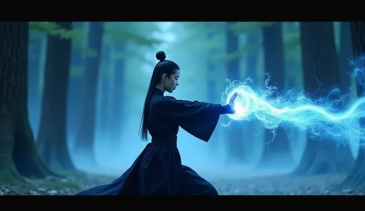 (panoramic), ( Movie Photos), (artwork), (masterpiece), ( The quality is the best), Raw, 8K, masterpiece, photography, blue Hanfu,  Extremely sharp focus , Intricate details,  A beautiful woman dressed in black is releasing an extremely powerful finger str...