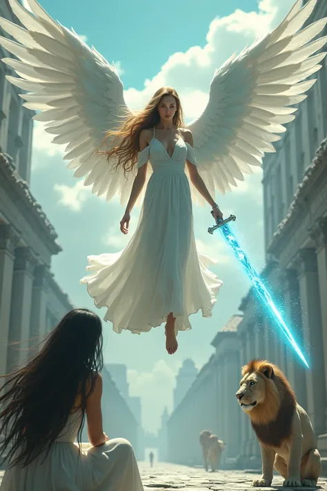 Create an angel with long light brown hair large shiny white wings the wings have many feathers the angel has a thin and beautiful face with green eyes in his hand he has a flaming sword of a blue plasma like lightning his clothes are long and pure white l...