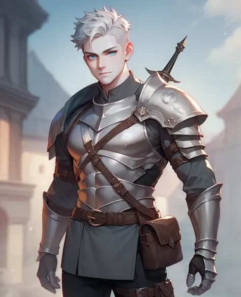 510 Silvered hair male with Blue eyes, white Skin., a pouch of utilities, armoured black and gray tunic with black pants.