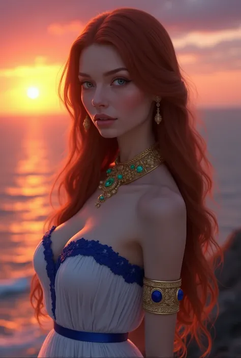  Woman with long, smooth, dark red hair {x} Woman with long, smooth, dark red hair, She has deep blue eyes , elle est mince et élancée, She is wearing a light strapless white and royal blue dress., elle porte un collier démeraudes et des bracelets dor et d...