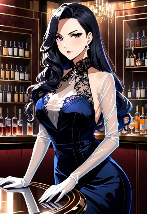 Anime style, mafia boss woman, big breast, long beautiful hairstyle, in so expensive high neck long open velvet dress, The part of the dress fabric in the chest area is transparent, in transparent long gloves, Transparent tights, stand near bar