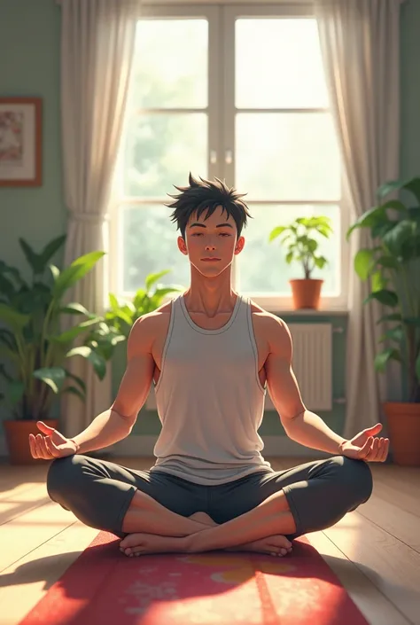 A man doing yoga in home  .  Anime pic look realistic