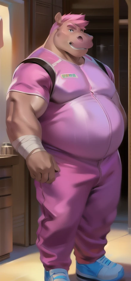 Solo, male Tall​,Huge body, Stand upright, ice pink, hippo, Pink military spacesuit , overweight, muscular,Wear a bandage, strict, by chunie, eyes pink,Pink hair short 