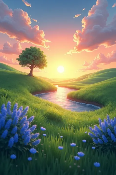 The view of soft green grass, the evening sunset and a small river flowing, no houses and no rice fields, one tree and blue flower bushes.