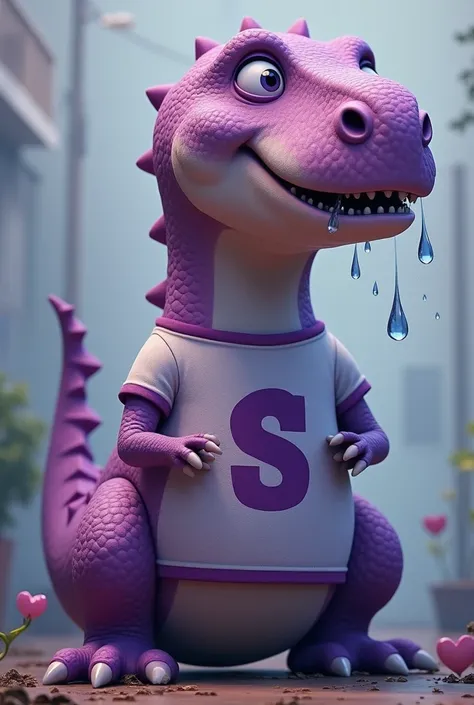 A purple dinosaur crying big tears excessively and wearing a purple and white vertical striped t-shirt with a letter S in the center of the shirt 